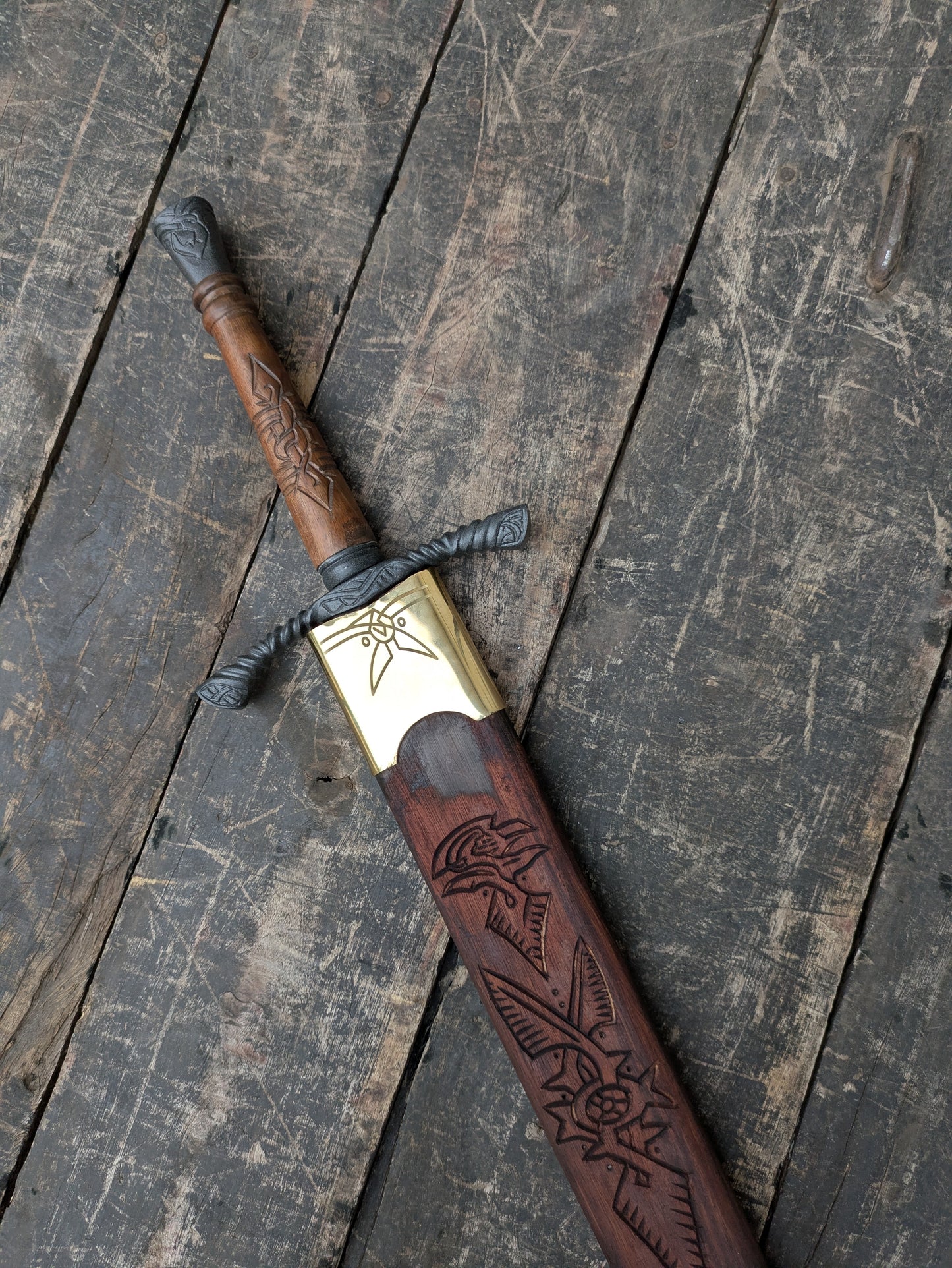 Medieval Cosplay Sword Prop, Engraved Wooden Handle, Leather Scabbard, Knight Costume Accessory
