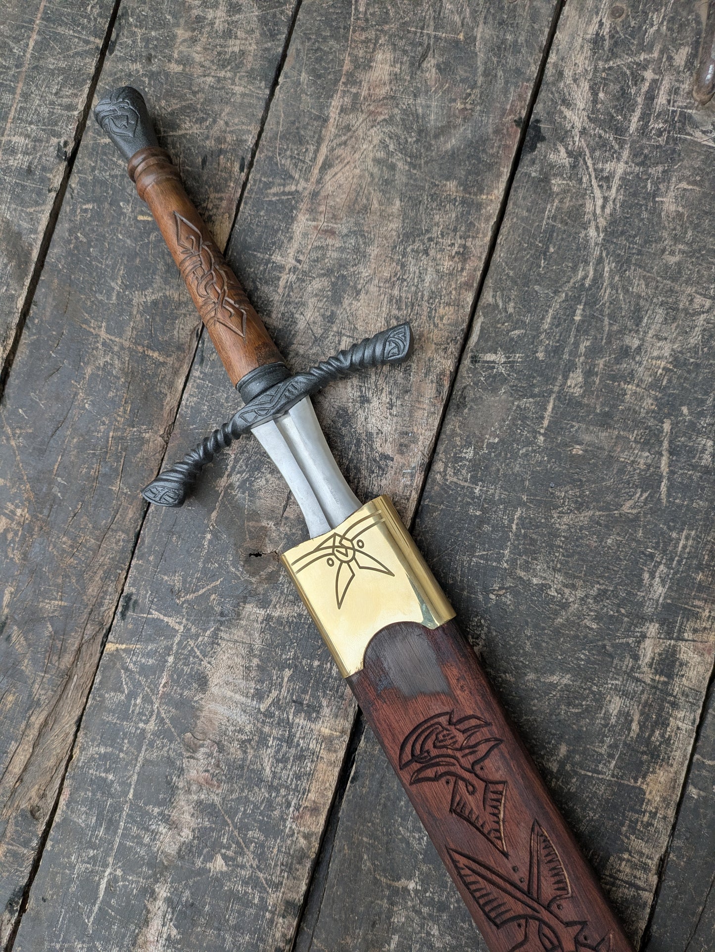 Medieval Cosplay Sword Prop, Engraved Wooden Handle, Leather Scabbard, Knight Costume Accessory