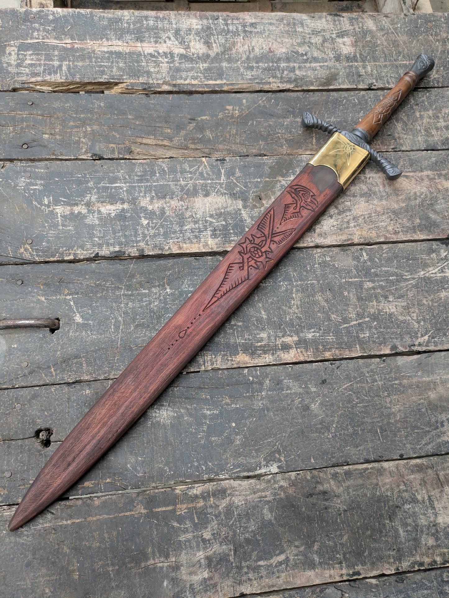 Medieval Cosplay Sword Prop, Engraved Wooden Handle, Leather Scabbard, Knight Costume Accessory
