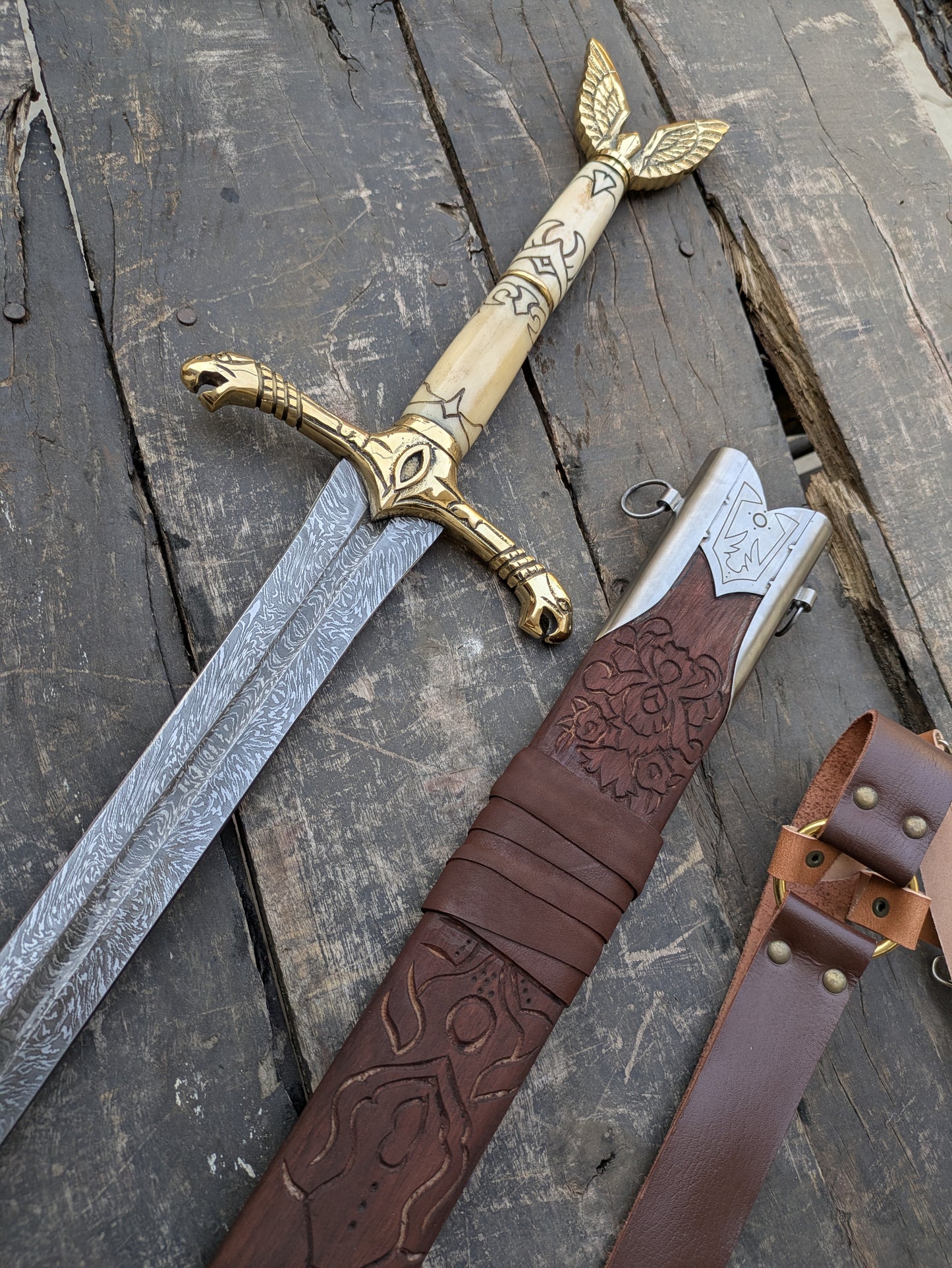 Premium 42" Damascus Steel Longsword with Sculpted Bone Handle, Brass Dragon Hilt & Carved Ash Wood Scabbard