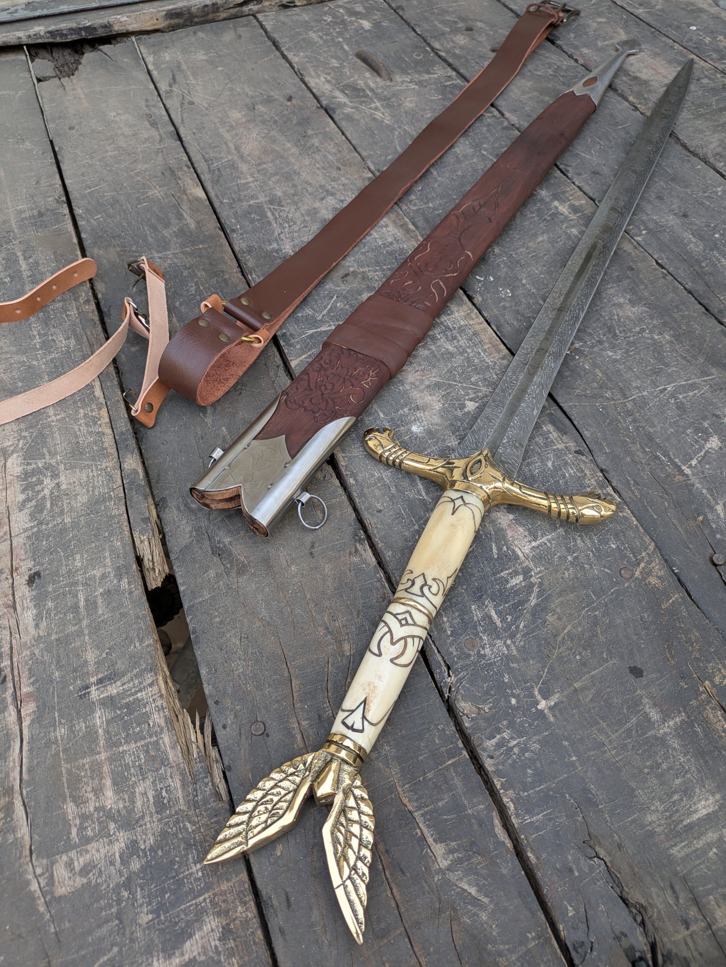 Premium 42" Damascus Steel Longsword with Sculpted Bone Handle, Brass Dragon Hilt & Carved Ash Wood Scabbard