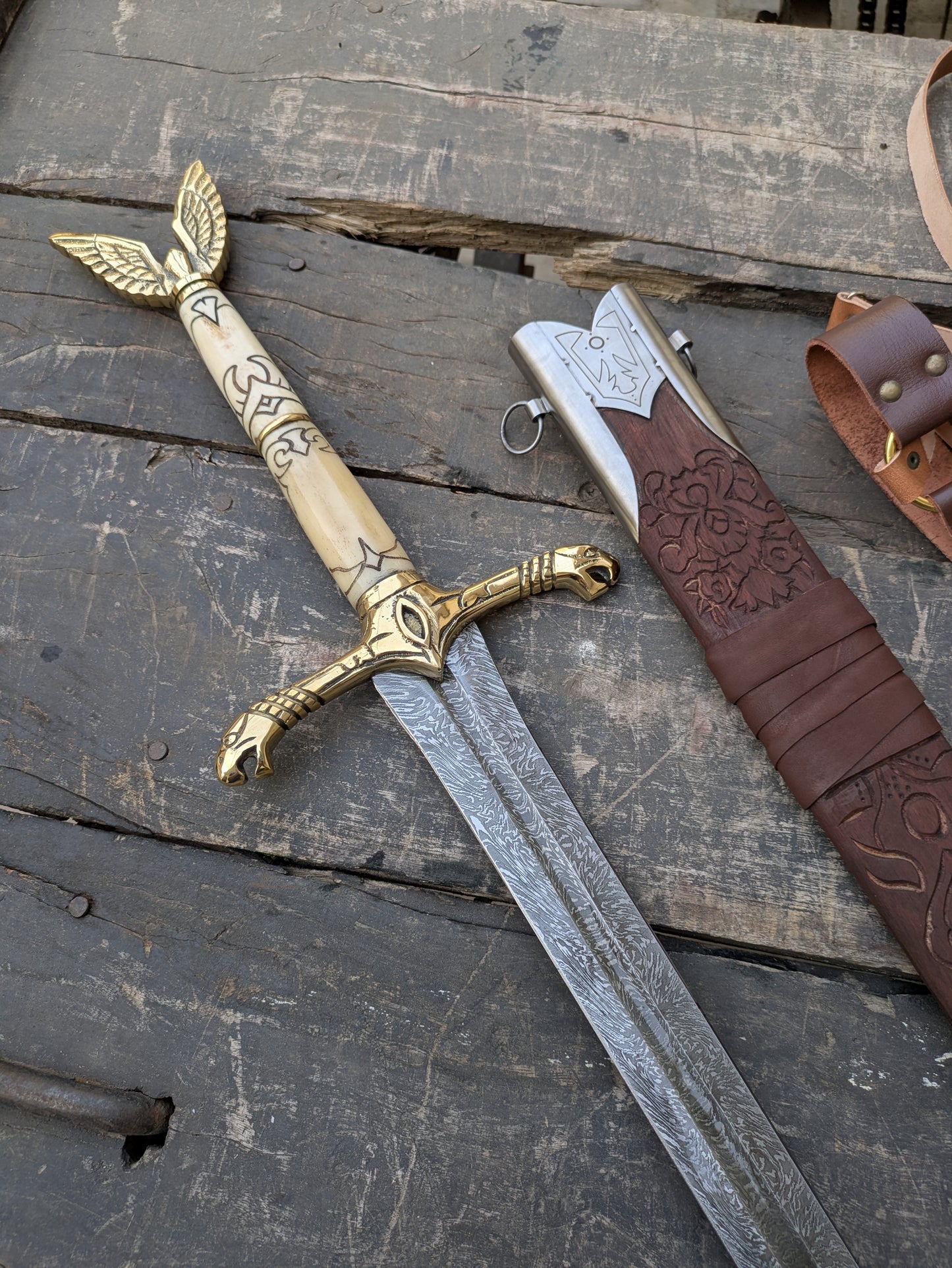 Premium 42" Damascus Steel Longsword with Sculpted Bone Handle, Brass Dragon Hilt & Carved Ash Wood Scabbard