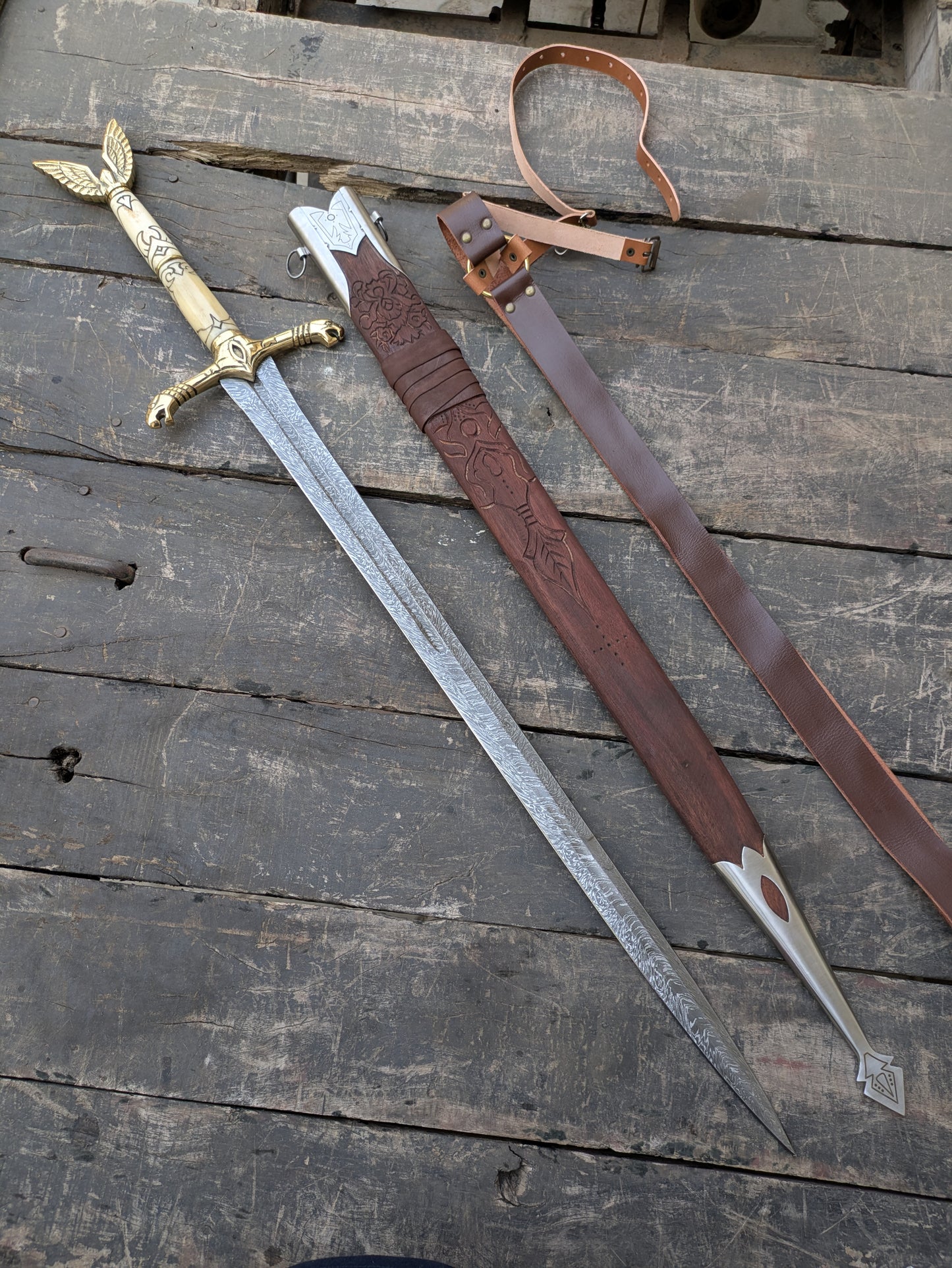 Premium 42" Damascus Steel Longsword with Sculpted Bone Handle, Brass Dragon Hilt & Carved Ash Wood Scabbard