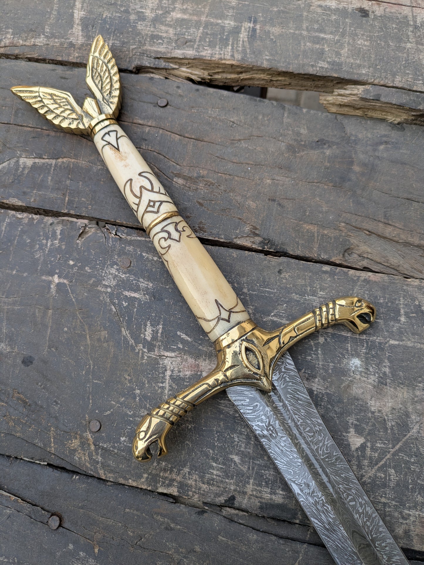 Premium 42" Damascus Steel Longsword with Sculpted Bone Handle, Brass Dragon Hilt & Carved Ash Wood Scabbard