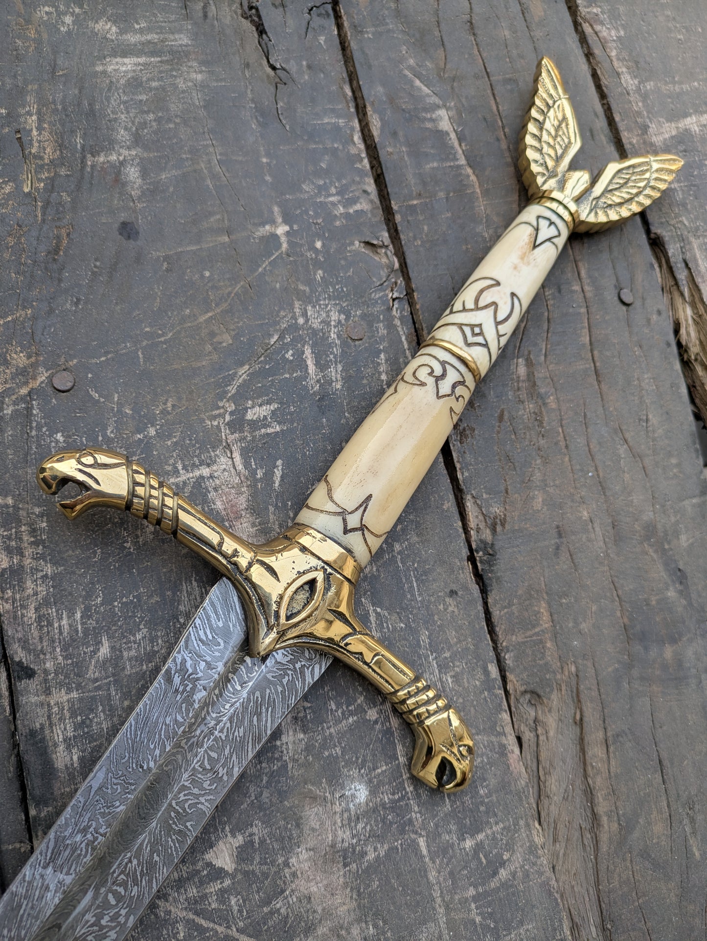 Premium 42" Damascus Steel Longsword with Sculpted Bone Handle, Brass Dragon Hilt & Carved Ash Wood Scabbard