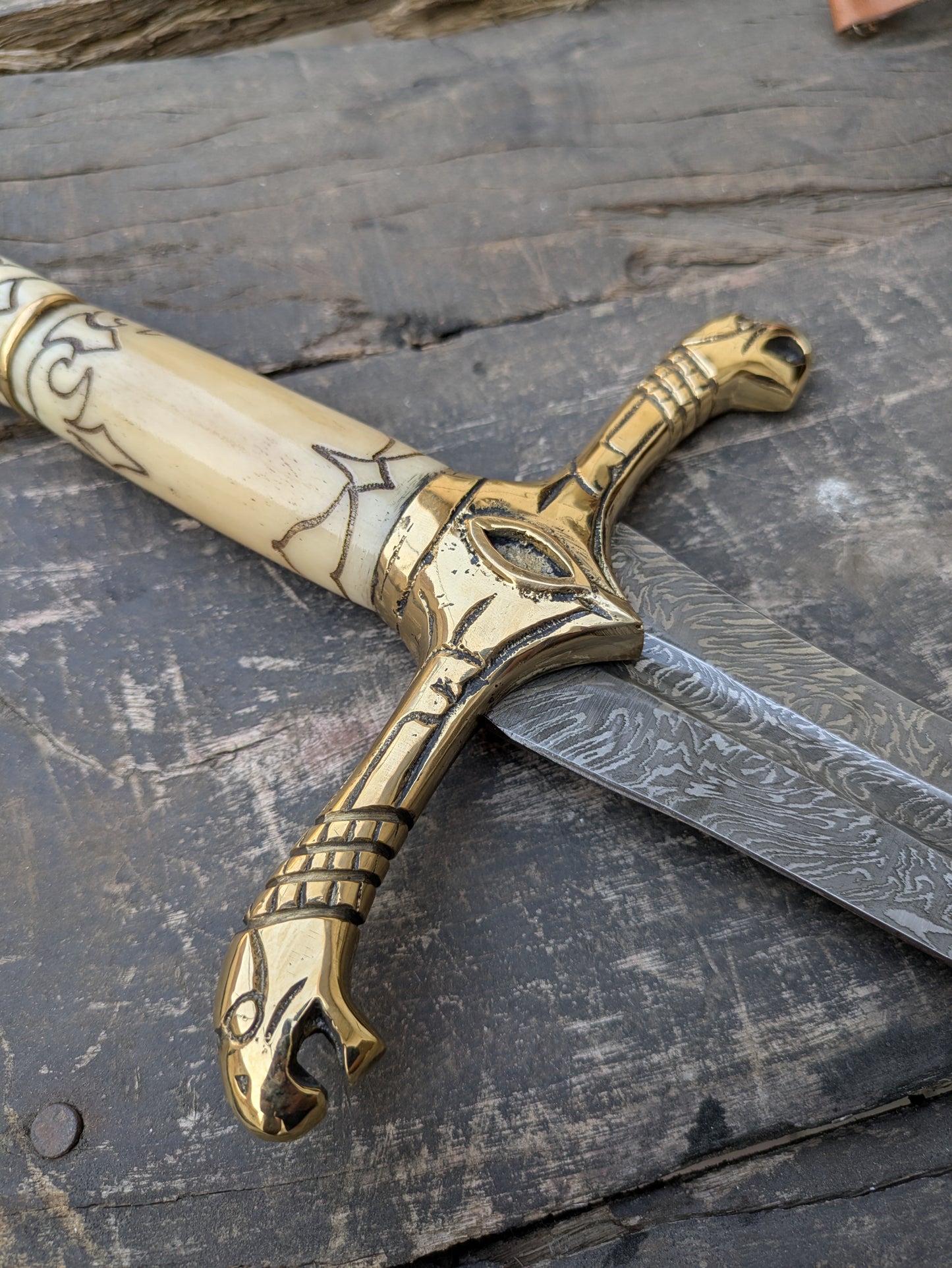 Premium 42" Damascus Steel Longsword with Sculpted Bone Handle, Brass Dragon Hilt & Carved Ash Wood Scabbard