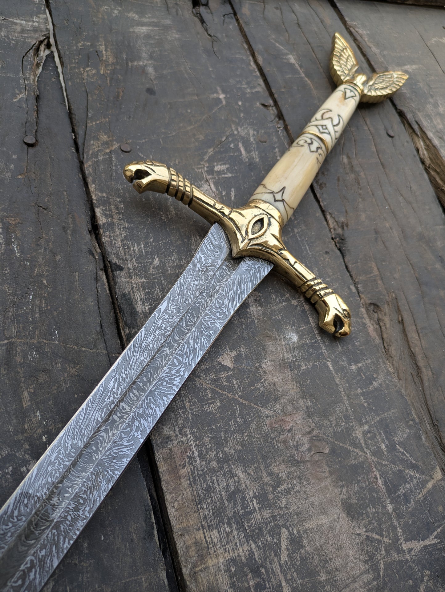 Premium 42" Damascus Steel Longsword with Sculpted Bone Handle, Brass Dragon Hilt & Carved Ash Wood Scabbard