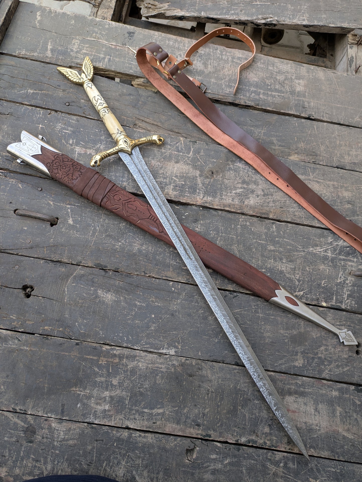 Premium 42" Damascus Steel Longsword with Sculpted Bone Handle, Brass Dragon Hilt & Carved Ash Wood Scabbard