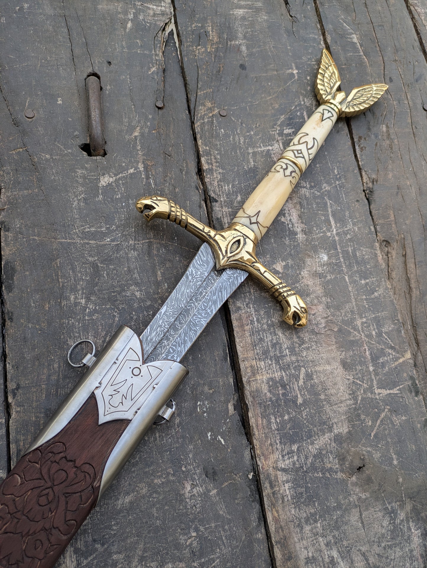 Premium 42" Damascus Steel Longsword with Sculpted Bone Handle, Brass Dragon Hilt & Carved Ash Wood Scabbard