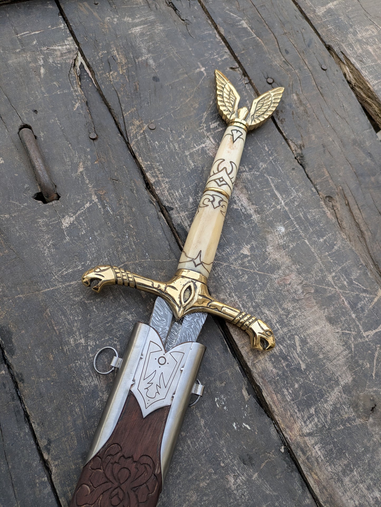 Premium 42" Damascus Steel Longsword with Sculpted Bone Handle, Brass Dragon Hilt & Carved Ash Wood Scabbard