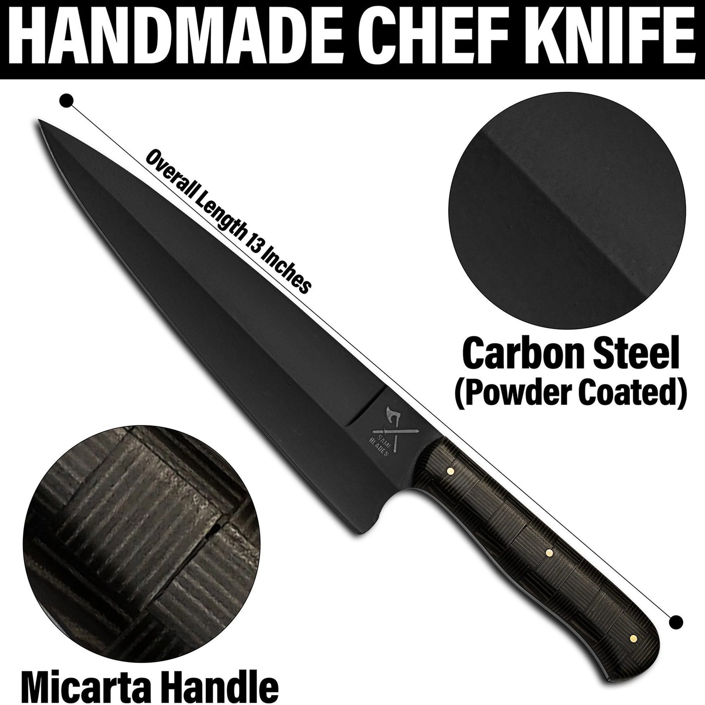 Professional Powder Coated Chef Knife, 13 Inch High Carbon Blade, 8 Inch Sharp Kitchen Knife with Micarta Handle for Meat Cutting & Cooking