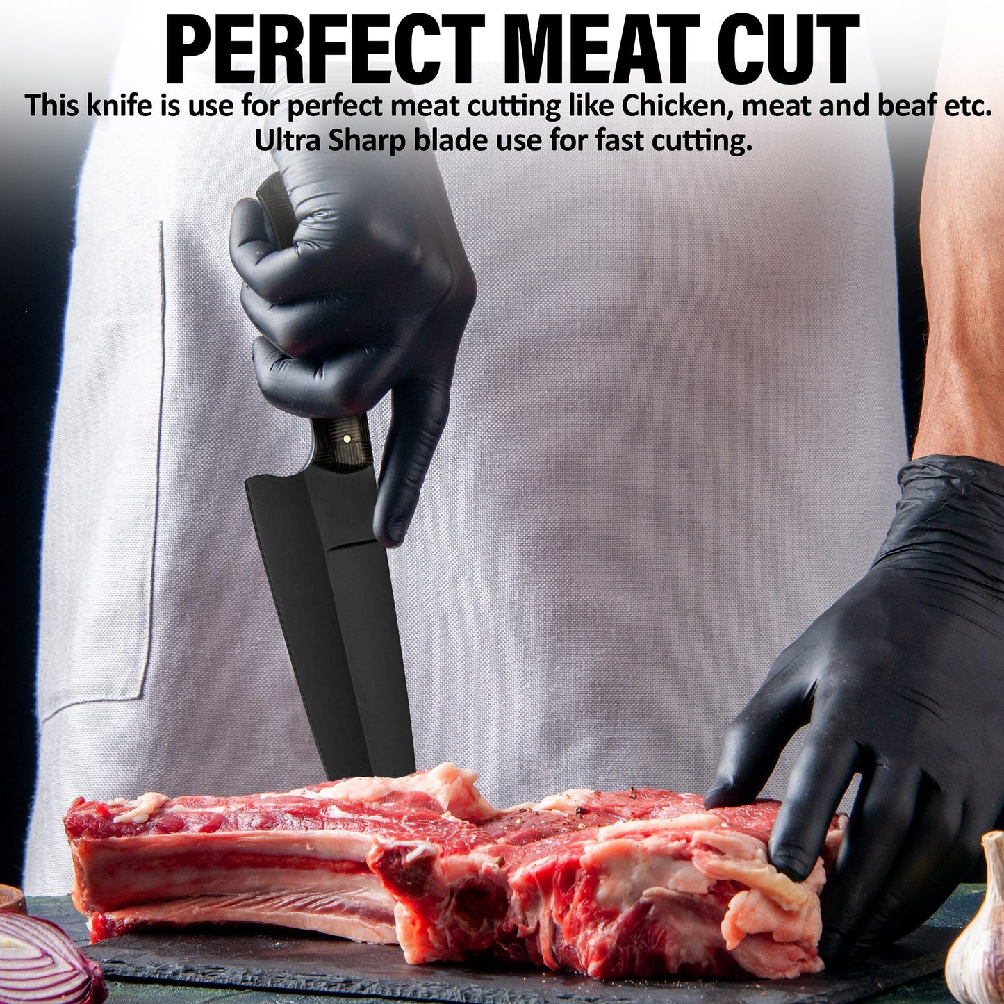 Professional Powder Coated Chef Knife, 13 Inch High Carbon Blade, 8 Inch Sharp Kitchen Knife with Micarta Handle for Meat Cutting & Cooking
