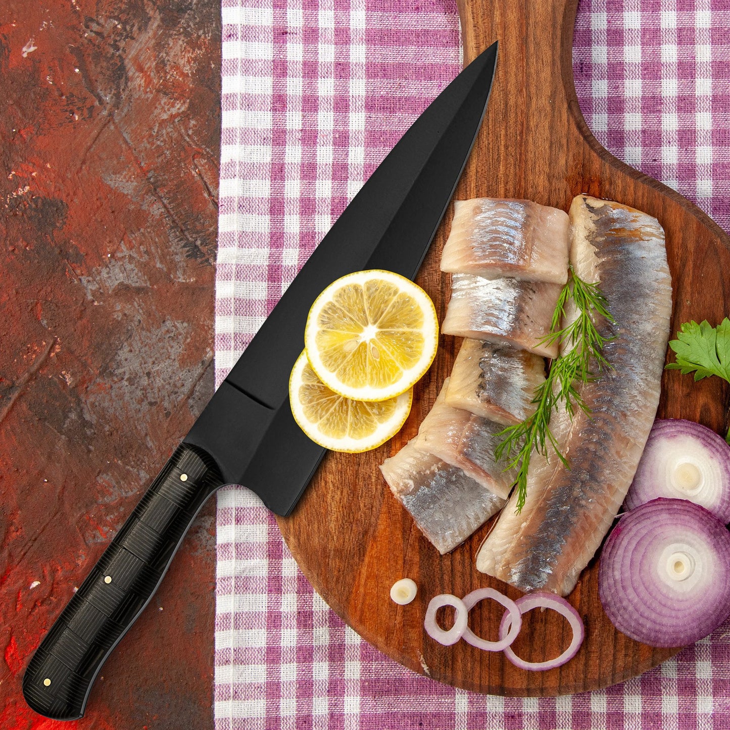 Professional Powder Coated Chef Knife, 13 Inch High Carbon Blade, 8 Inch Sharp Kitchen Knife with Micarta Handle for Meat Cutting & Cooking