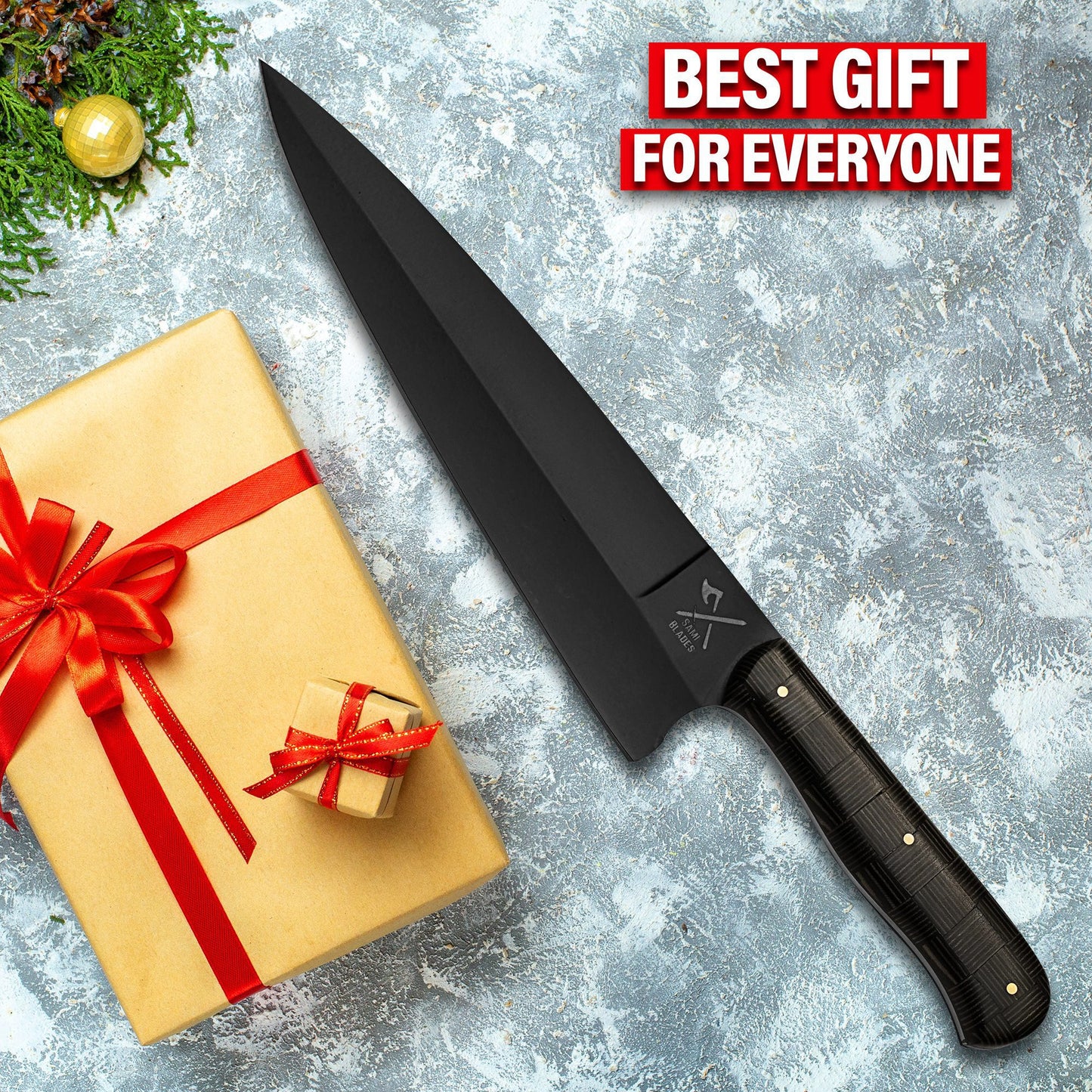 Professional Powder Coated Chef Knife, 13 Inch High Carbon Blade, 8 Inch Sharp Kitchen Knife with Micarta Handle for Meat Cutting & Cooking