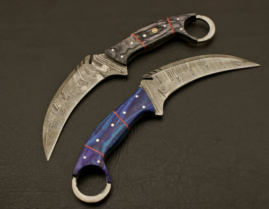 Pair of Damascus Steel Karambit Knives with Sheath, Karambit Knife
