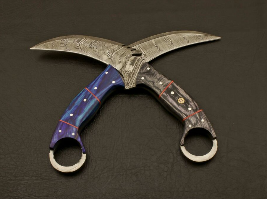 Pair of Damascus Steel Karambit Knives with Sheath, Karambit Knife