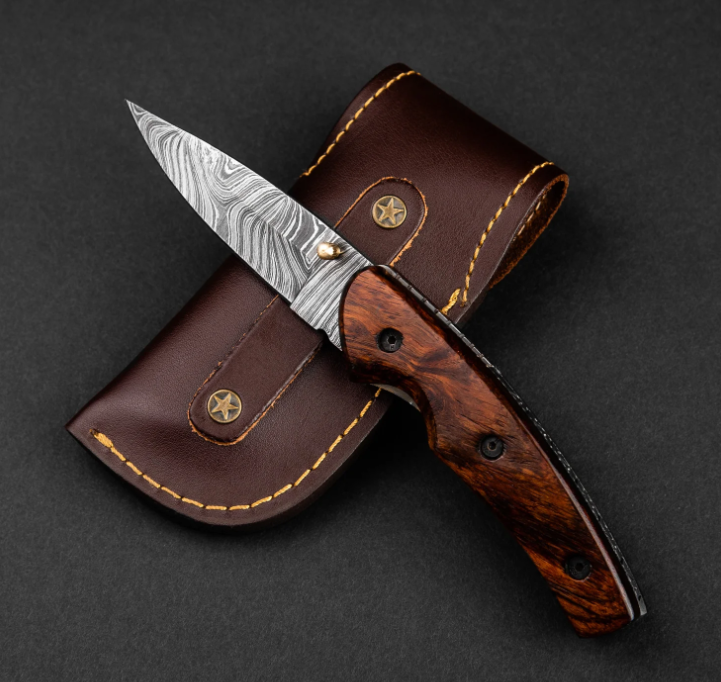 Artisan Handmade Damascus Steel Folding Knife, Knife with Liner Lock, Pocket Knife with Leather Cover