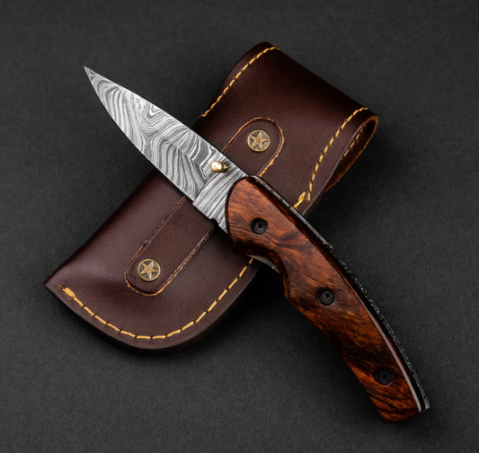 Artisan Handmade Damascus Steel Folding Knife, Knife with Liner Lock, Pocket Knife with Leather Cover