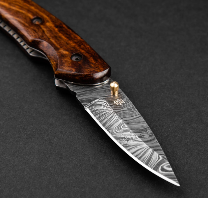 Artisan Handmade Damascus Steel Folding Knife, Knife with Liner Lock, Pocket Knife with Leather Cover