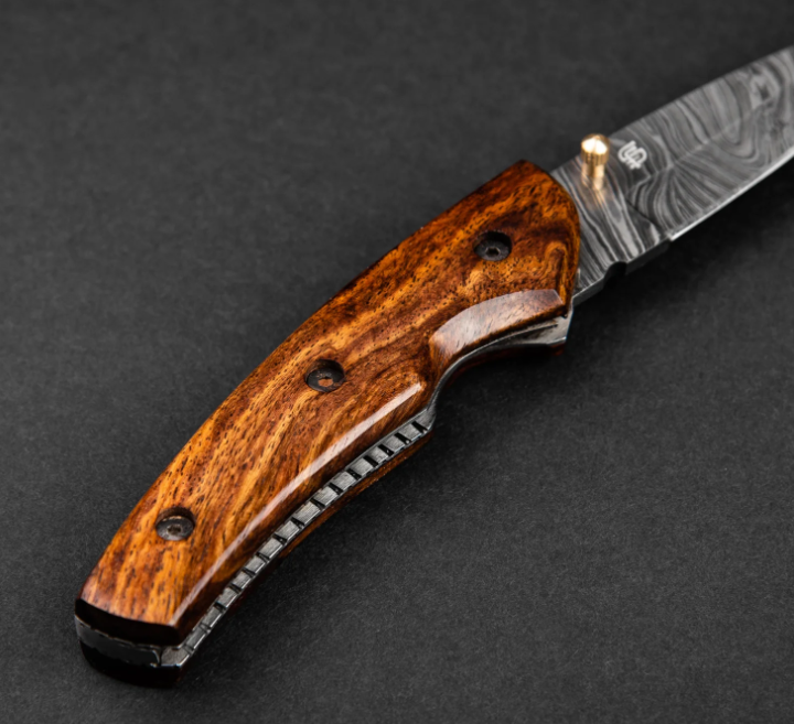 Artisan Handmade Damascus Steel Folding Knife, Knife with Liner Lock, Pocket Knife with Leather Cover