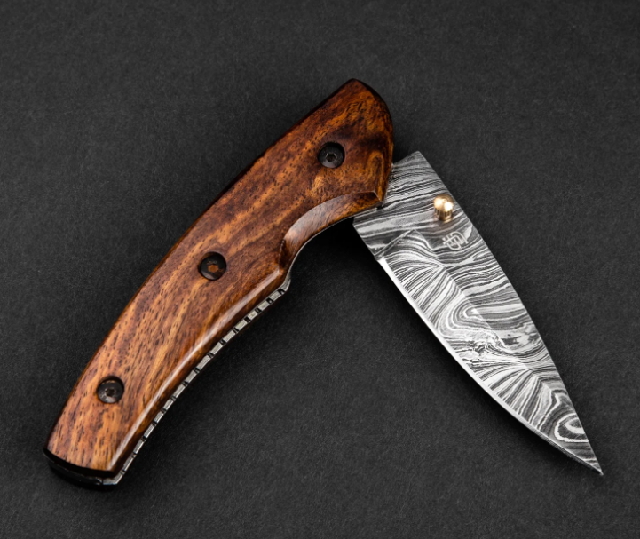 Artisan Handmade Damascus Steel Folding Knife, Knife with Liner Lock, Pocket Knife with Leather Cover