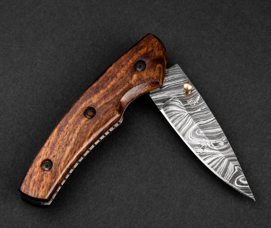Artisan Handmade Damascus Steel Folding Knife, Knife with Liner Lock, Pocket Knife with Leather Cover
