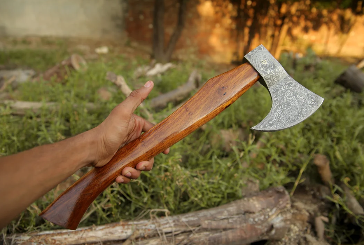 Custom Hand-Forged Damascus Steel Axe With Leather Sheath, Darkwood Handle & Leather Sheath