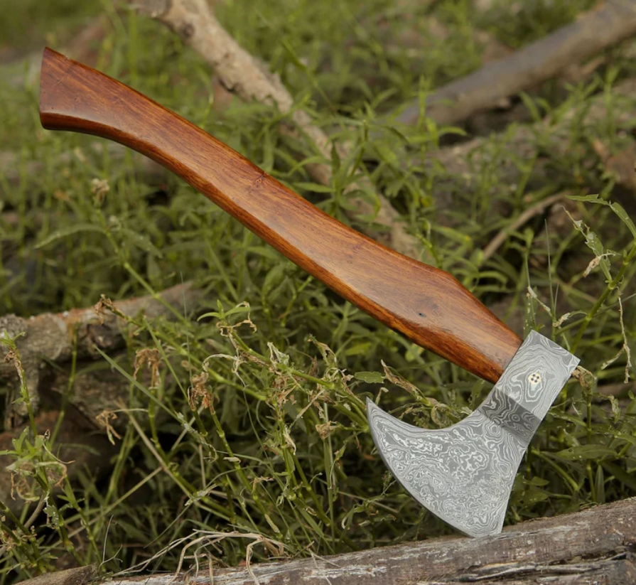Custom Hand-Forged Damascus Steel Axe With Leather Sheath, Darkwood Handle & Leather Sheath