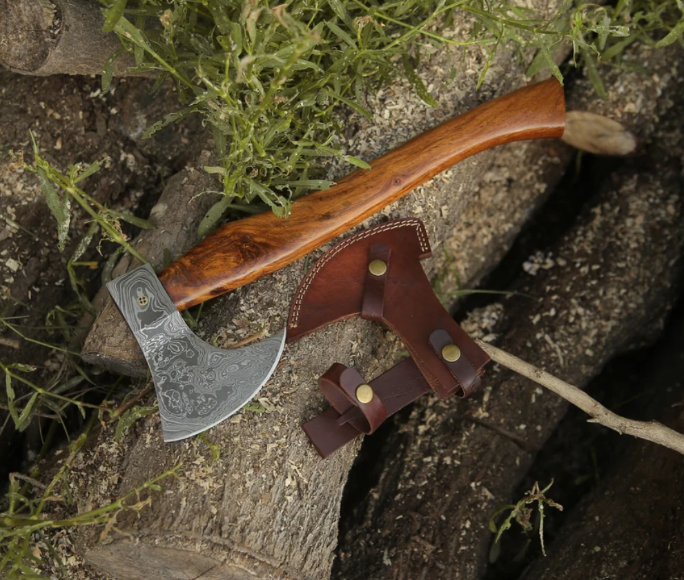 Custom Hand-Forged Damascus Steel Axe With Leather Sheath, Darkwood Handle & Leather Sheath