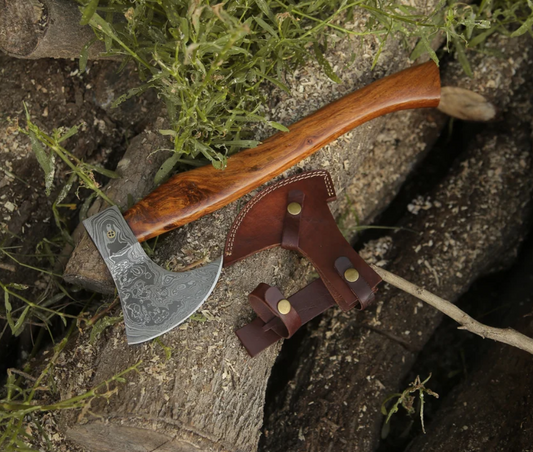 Custom Hand-Forged Damascus Steel Axe With Leather Sheath, Darkwood Handle & Leather Sheath