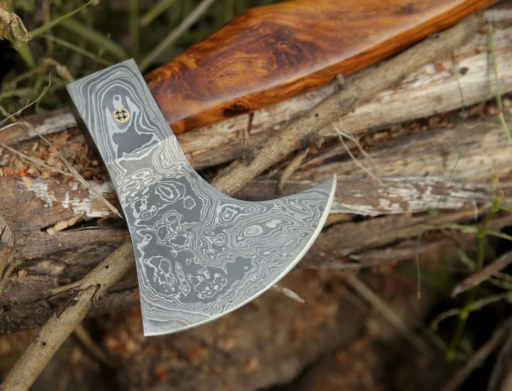 Custom Hand-Forged Damascus Steel Axe With Leather Sheath, Darkwood Handle & Leather Sheath