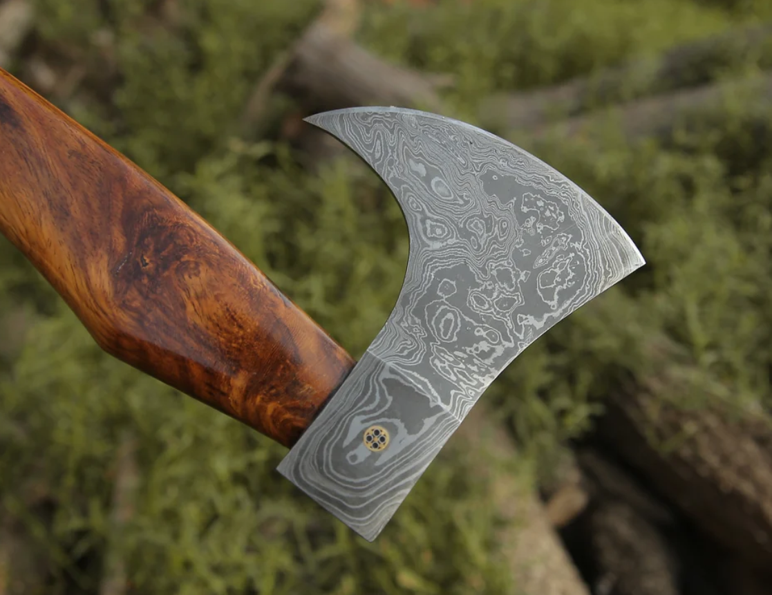 Custom Hand-Forged Damascus Steel Axe With Leather Sheath, Darkwood Handle & Leather Sheath