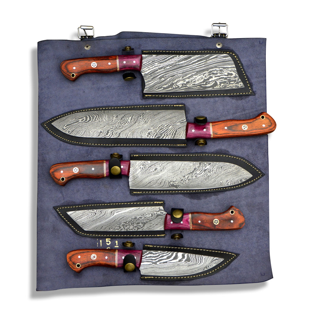 5 piece Damascus steel chef knife set in navy leather roll with buckle straps