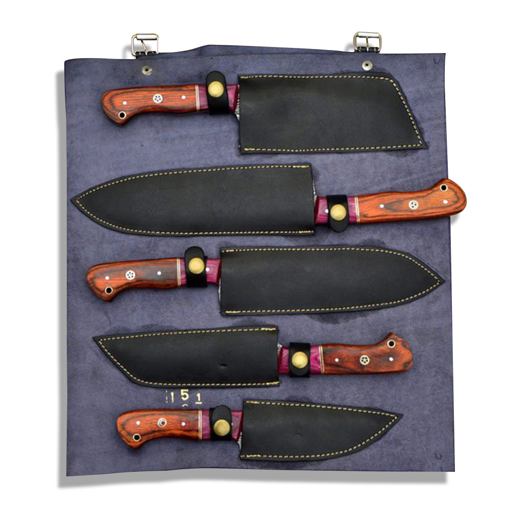 Damascus chef knife set fully sheathed in navy leather roll bag
