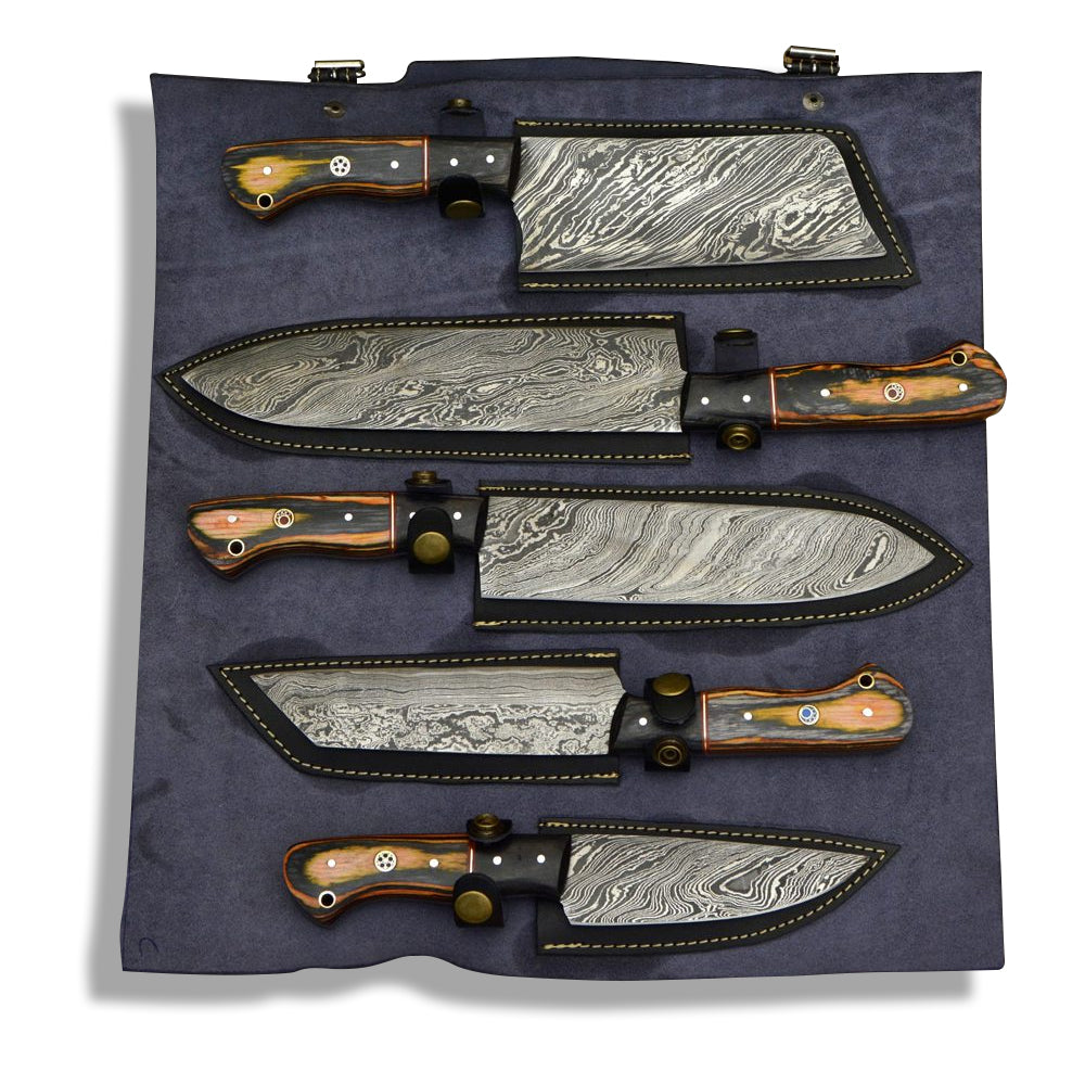 5 piece Damascus steel chef knife set in gray leather roll with sheaths