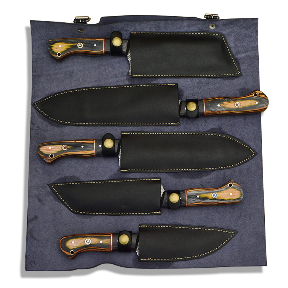 Damascus chef knife set fully sheathed in gray leather roll bag
