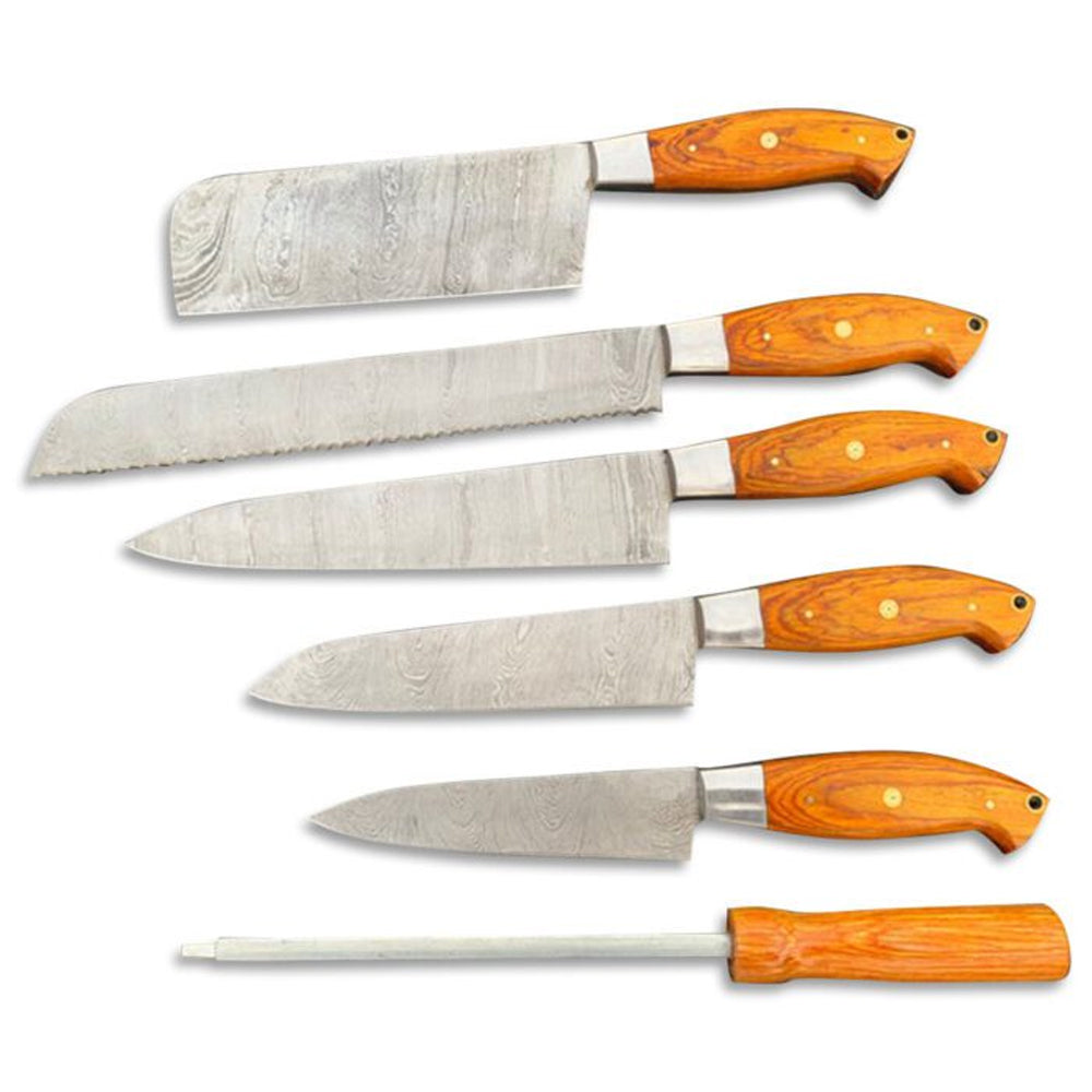 6 piece Damascus steel chef knife set with orange pakka wood handles
