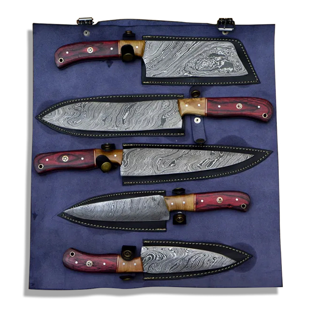 5 piece Damascus steel chef knife set in navy leather roll with buckle straps