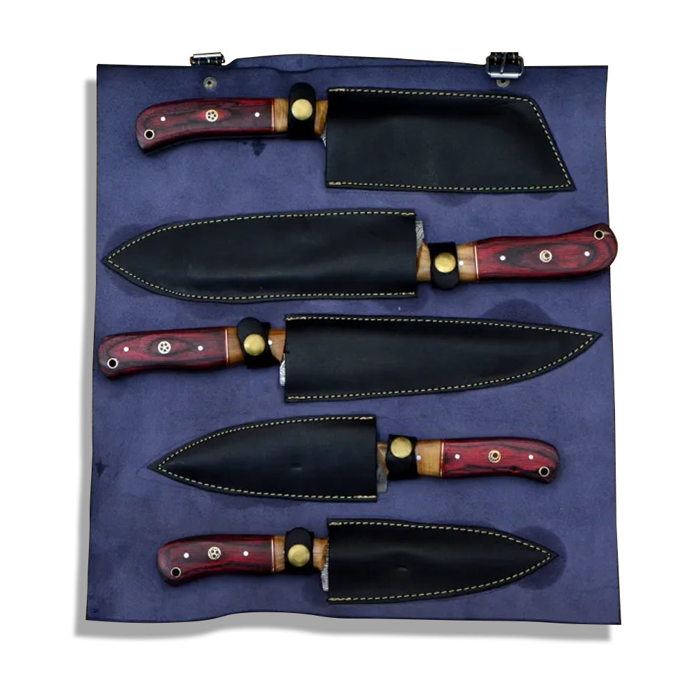 5 piece Damascus steel chef knife set with red pakka wood handles fanned out