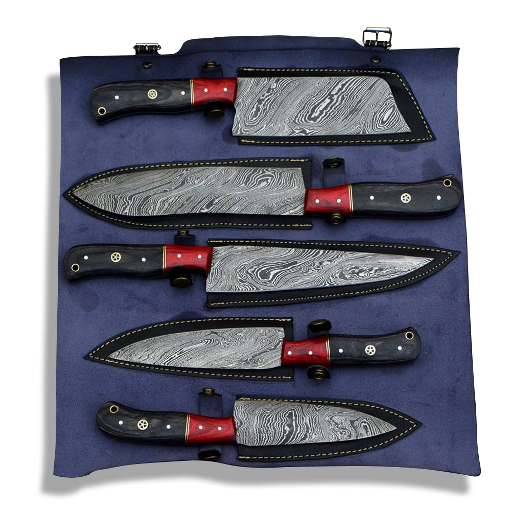 5 piece Damascus steel chef knife set in navy leather roll with buckle straps