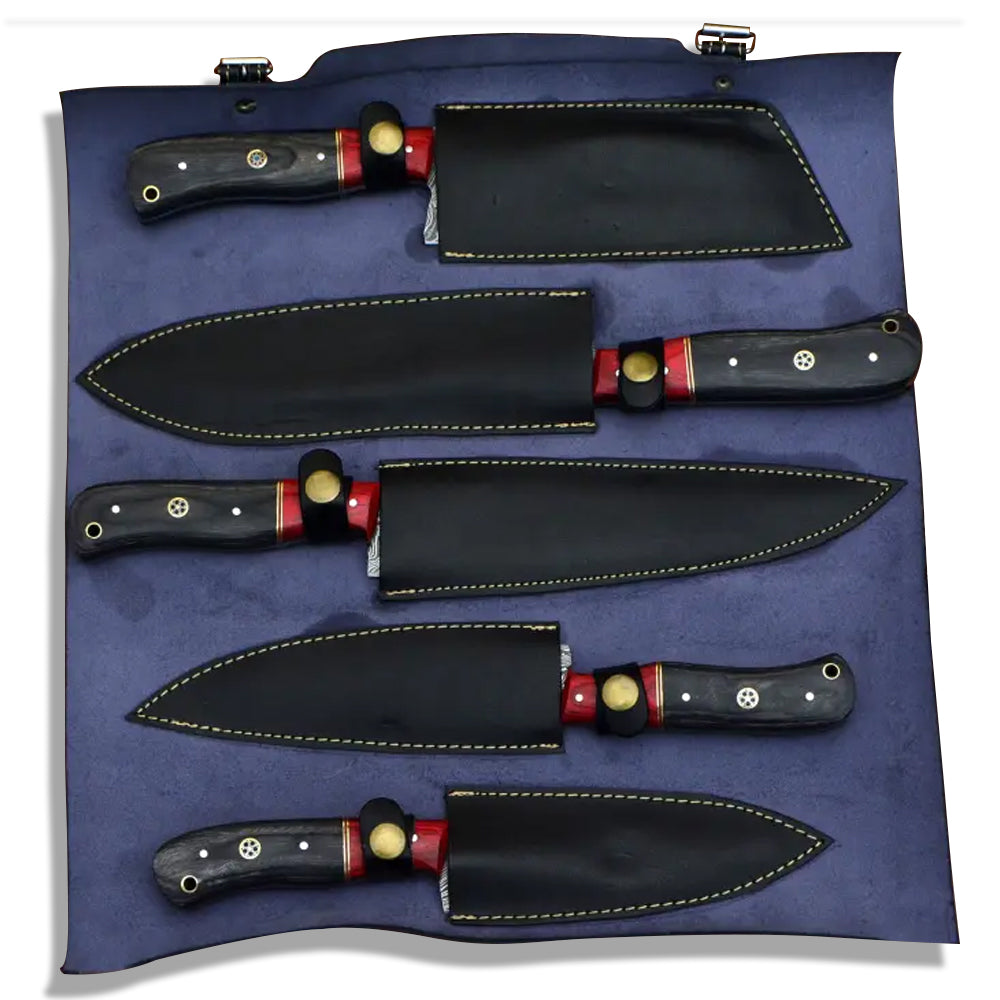 Damascus chef knife set fully sheathed in navy leather roll bag