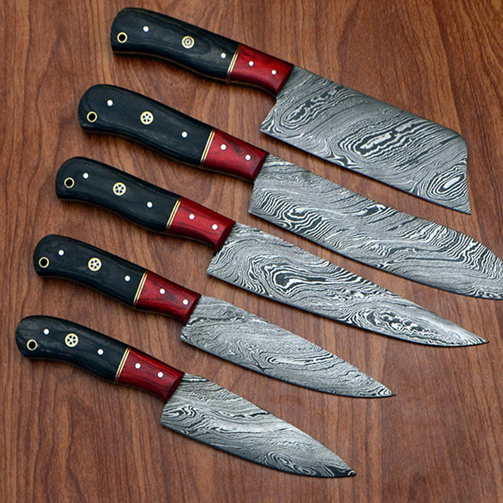 Damascus steel chef knife blades with red bolster and mosaic pin handles