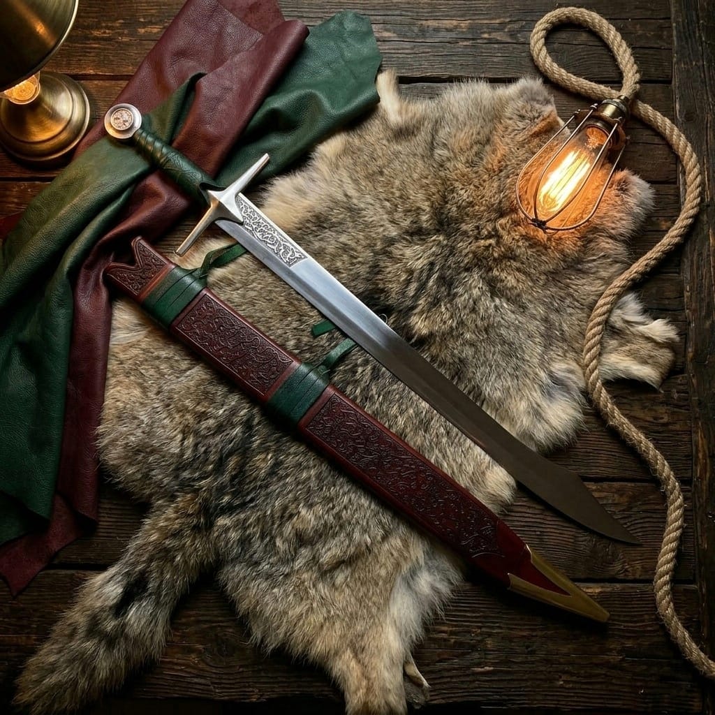 Handmade Falchion Sword, Medieval greatsword Single Edge Blade with Embossed Leather Scabbard, Unique Groomsman Gift, Father's Day