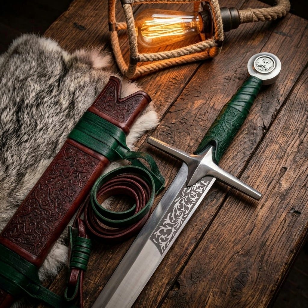 Handmade Falchion Sword, Medieval greatsword Single Edge Blade with Embossed Leather Scabbard, Unique Groomsman Gift, Father's Day