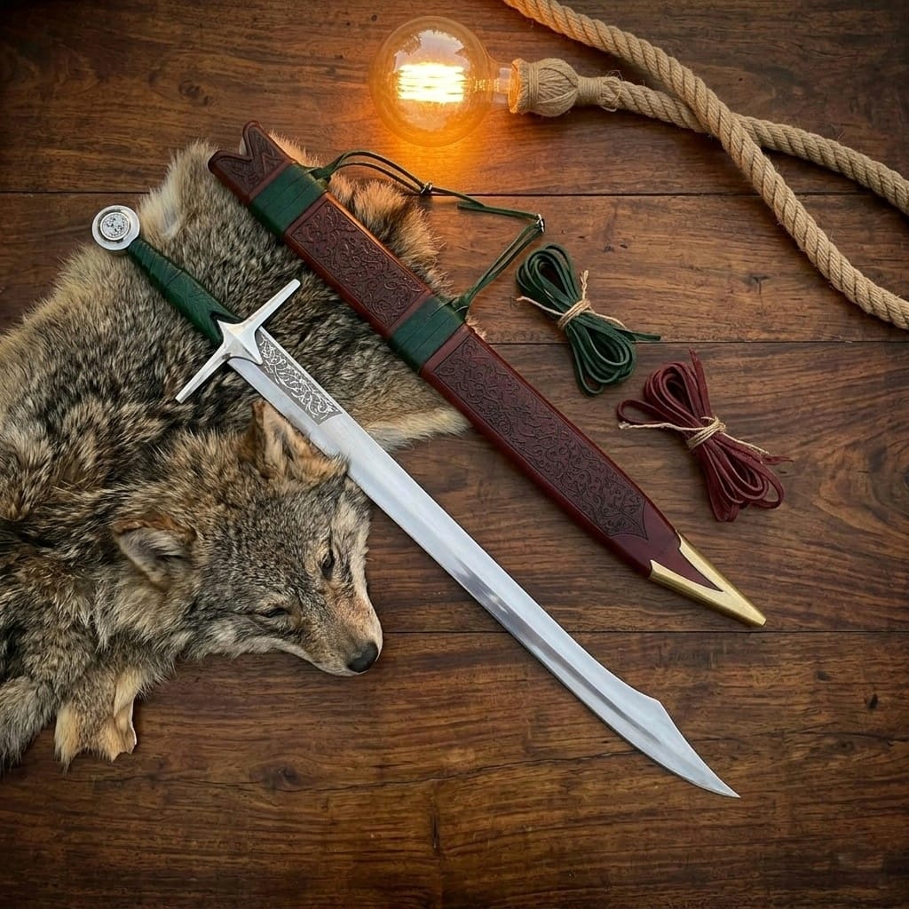 Handmade Falchion Sword, Medieval greatsword Single Edge Blade with Embossed Leather Scabbard, Unique Groomsman Gift, Father's Day