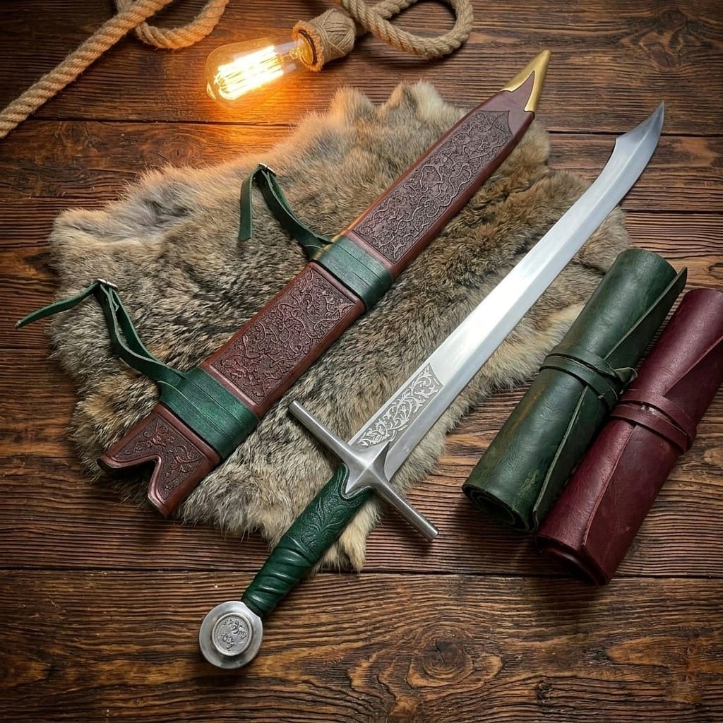Handmade Falchion Sword, Medieval greatsword Single Edge Blade with Embossed Leather Scabbard, Unique Groomsman Gift, Father's Day
