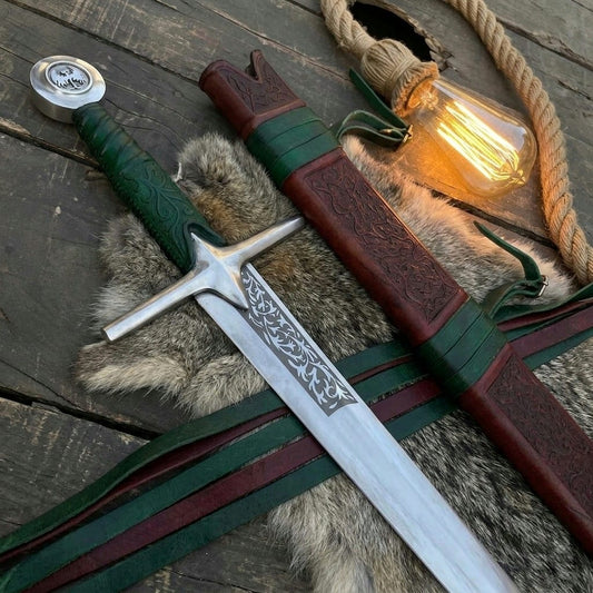 Handmade Falchion Sword, Medieval greatsword Single Edge Blade with Embossed Leather Scabbard, Unique Groomsman Gift, Father's Day