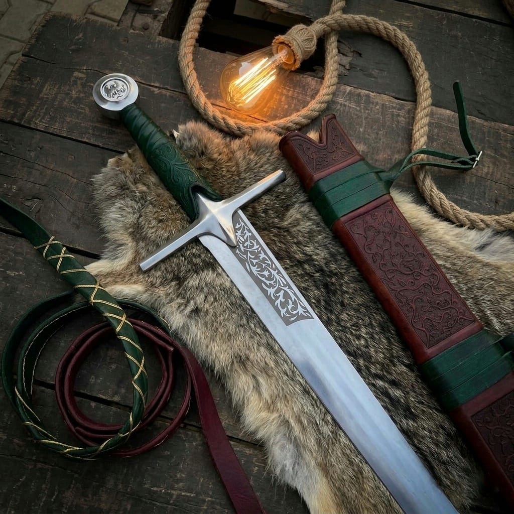 Handmade Falchion Sword, Medieval greatsword Single Edge Blade with Embossed Leather Scabbard, Unique Groomsman Gift, Father's Day