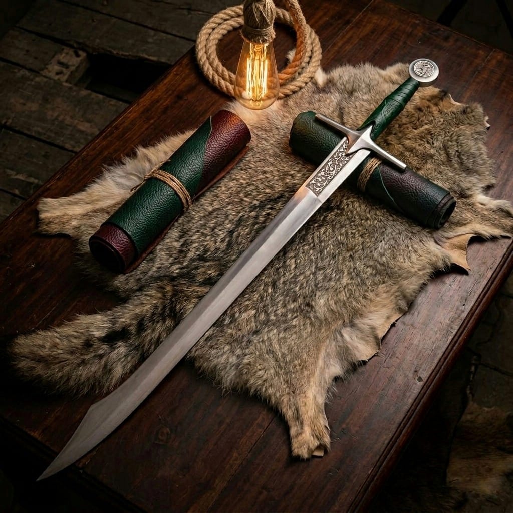 Handmade Falchion Sword, Medieval greatsword Single Edge Blade with Embossed Leather Scabbard, Unique Groomsman Gift, Father's Day