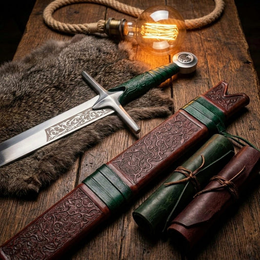 Handmade Falchion Sword, Medieval greatsword Single Edge Blade with Embossed Leather Scabbard, Unique Groomsman Gift, Father's Day